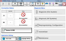 Carica l'immagine nel visualizzatore di Gallery, Automotive diagnostics programming interface showing connection status and diagnosis menu options.