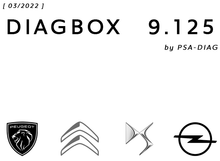 Carica l'immagine nel visualizzatore di Gallery, DIAGBOX 9.125 March 2022 version with Peugeot, Citroën, DS, and Opel logos.