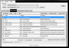 Carica l'immagine nel visualizzatore di Gallery, Car software interface showing various ECU variables and options for connection and data logging.