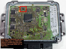 Carica l'immagine nel visualizzatore di Gallery, ECU circuit board with highlighted EEPROM chip, featuring pins and connections for schematic diagrams; used for ECU tuning and boot mode operations.