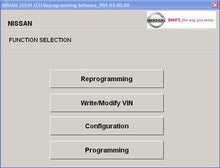 Carica l'immagine nel visualizzatore di Gallery, Nissan J2534 ECU Reprogramming Software interface with options for reprogramming, write/modify VIN, configuration, and programming.