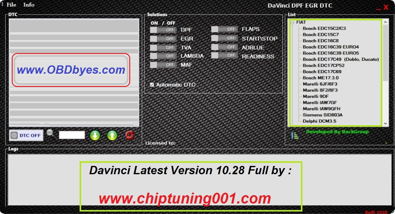 Davinci Latest Version 10.28 (many ECUs have been added in this Update) EGR DPF DTC ADBLUE Removers Software