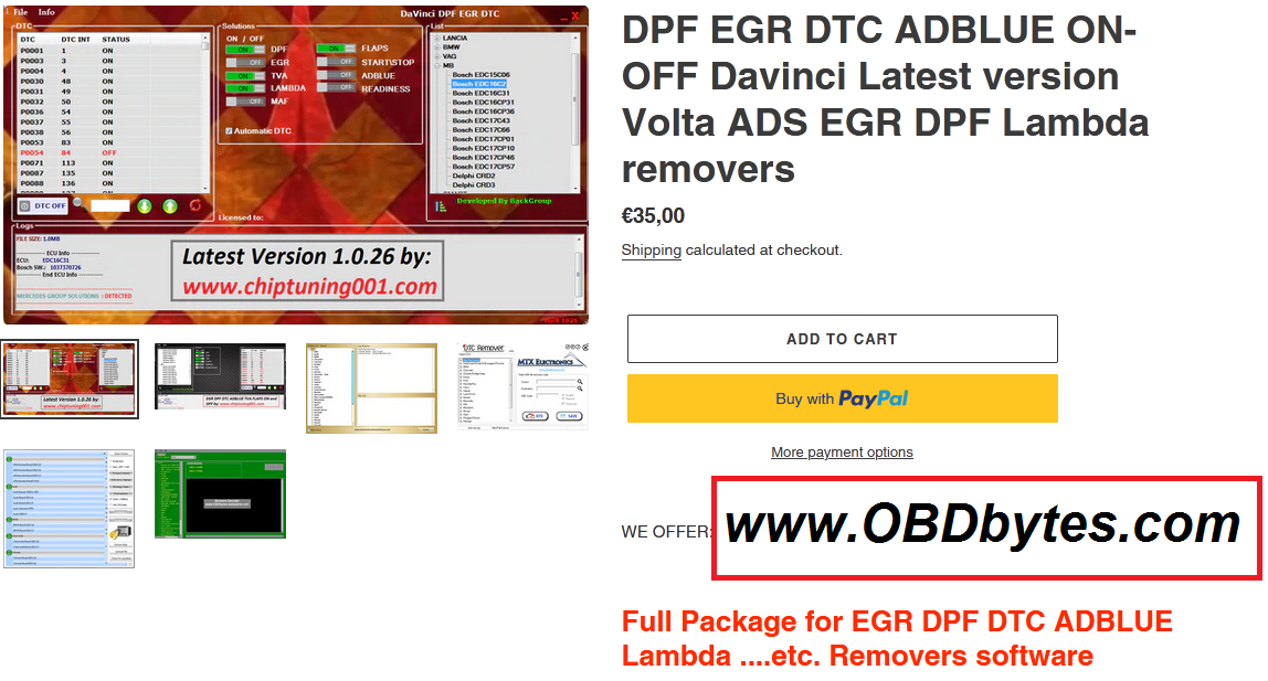 DPF EGR DTC ADBLUE ON-OFF Davinci Neueste Version Volta ADS EGR DPF Lambda-Entferner